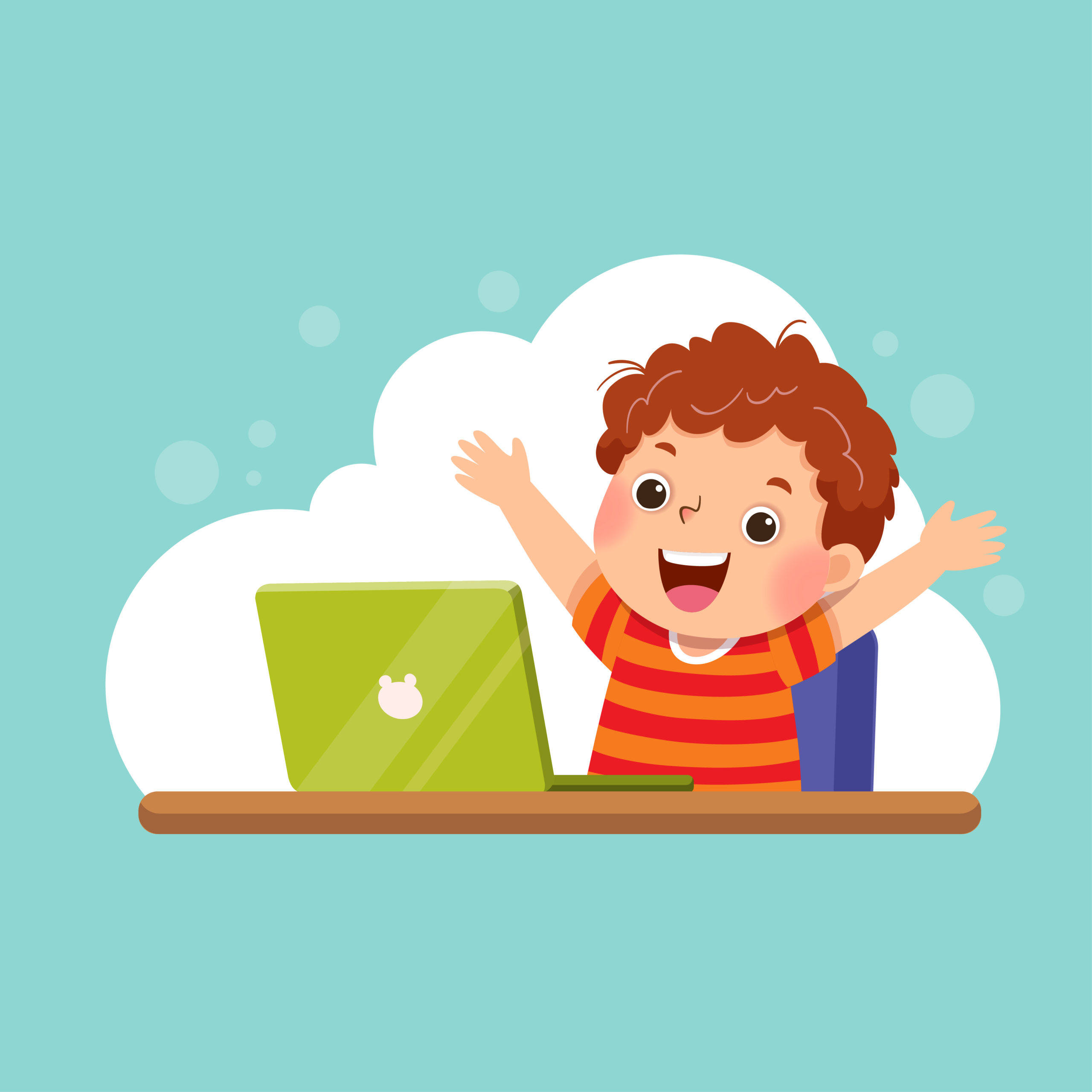 Vector illustration of a cartoon boy with his laptop expressing